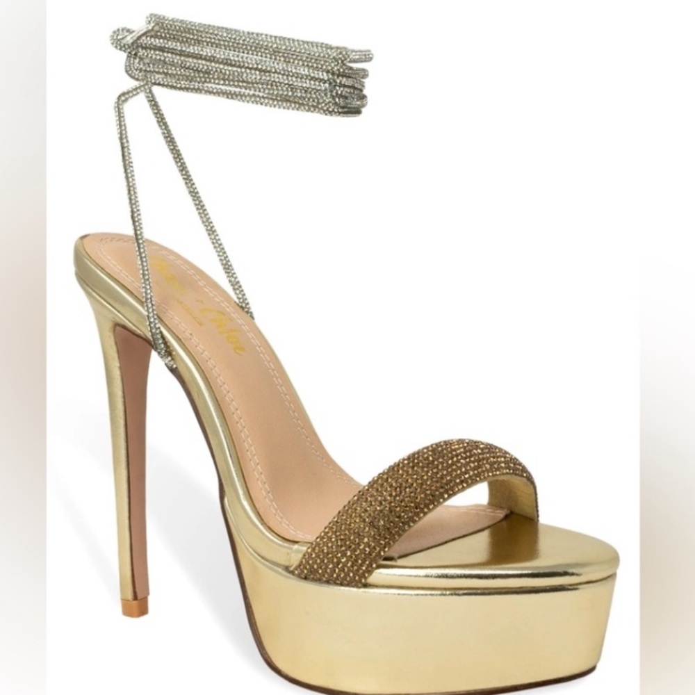 Chase & Chloe Gold Rhinestone Platform Ankle-Tie High Heel Sandal Size 8 NEW